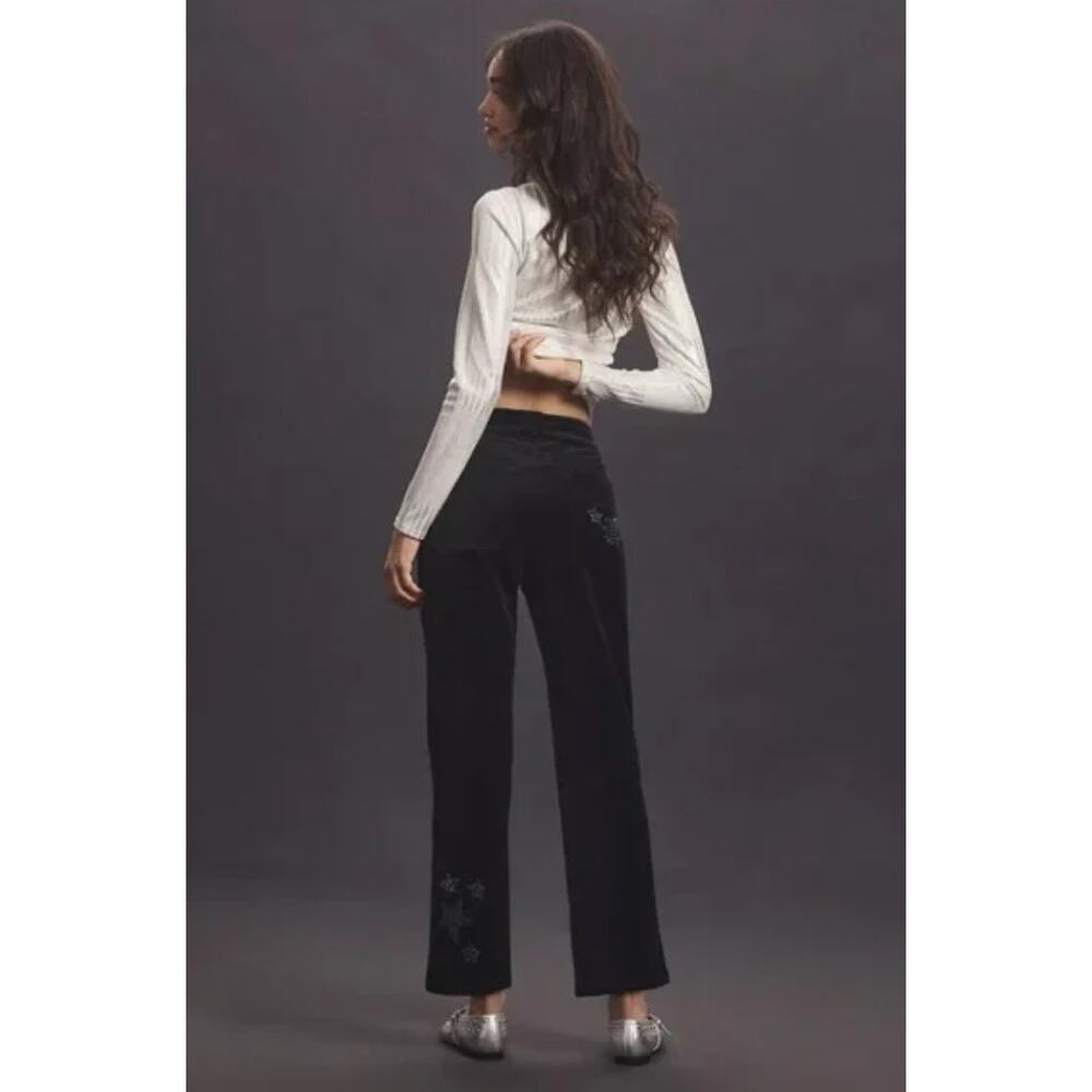 Anthropologie Pilcro The Wanderer Star Embellished Velvet Pants 26 Black Beaded - Picture 5 of 16